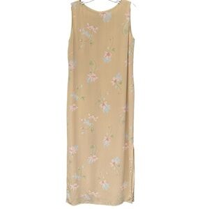 Liz Claiborne Collection Silk Maxi Dress Petite 10 Beige Floral Sleeveless Lined